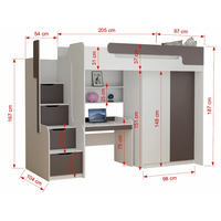 Dětská vyvýšená postel s psacím stolem a skříní DORIAN - 200x90 cm - grafitová