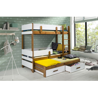 Dětská patrová postel z masivu borovice ETTORE III s přistýlkou a šuplíky - 200x90 cm - dub/bílá