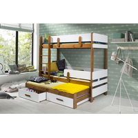 Dětská patrová postel z masivu borovice ETTORE III s přistýlkou a šuplíky - 200x90 cm - dub/bílá