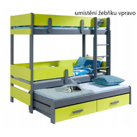 Dětská patrová postel z masivu borovice ETTORE III s přistýlkou a šuplíky - 200x90 cm - grafit/zelená