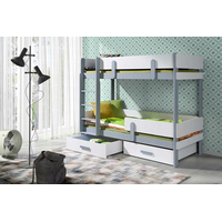 Dětská patrová postel z masivu borovice ETTORE se šuplíky - 200x90 cm - šedá/bílá