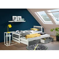 Dětská postel z masivu borovice CALVIN s přistýlkou a šuplíky - 200x90 cm - bílá/šedá