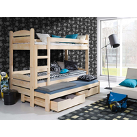 Dětská patrová postel z masivu CYRIL s přistýlkou a šuplíky - 200x90 cm - PŘÍRODNÍ BOROVICE