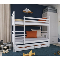 Dětská patrová postel z masivu ALDA s přistýlkou a šuplíky - 200x90 cm - bílá