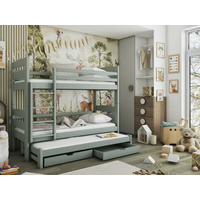 Dětská patrová postel z masivu CYRIL s přistýlkou a šuplíky - 200x90 cm - ŠEDÁ