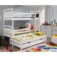 Dětská patrová postel z masivu borovice  s přistýlkou a šuplíky ALDA - 200x90 cm - bílá