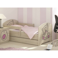 Dětská postel se šuplíkem s výřezem KOČIČKA - růžová 140x70 cm + matrace ZDARMA - NORSKÁ BOROVICE - 2x krátká zábrana