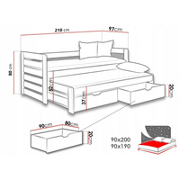 Dětská postel z masivu MATYÁŠ s přistýlkou a šuplíky - 200x90 cm - grafit/šedá