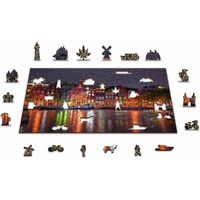 WOODEN CITY Dřevěné puzzle Noční Amsterdam 2v1, 150 dílků EKO