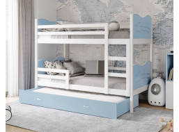 Dětská patrová postel s přistýlkou MAX Q - 200x90 cm - modro-bílá - vláček