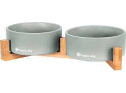 Sada 2 keramických misek s dřevěným podstavcem - 2x 250 ml - šedé/přírodní