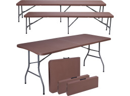 Set cateringového nábytku RATTAN - stůl 180 cm + 2 lavice - hnědý