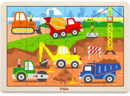 VIGA Dřevěné puzzle Stavební stroje 24 dílků