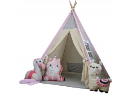 Dětský stan TEEPEE (TÝPÍ) ANIMALS s doplňky - LAMA A KAMARÁDI - béžový/růžový/šedý