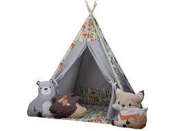Dětský stan TEEPEE (TÝPÍ) ANIMALS s doplňky - LESNÍ ZVÍŘÁTKA - šedý/béžový