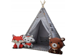 Dětský stan TEEPEE (TÝPÍ) ANIMALS s doplňky - MEDVÍDEK A KAMARÁDI - šedý