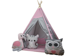 Dětský stan TEEPEE (TÝPÍ) ANIMALS s doplňky - PLAMEŇÁK A KAMARÁDI - šedý/růžový