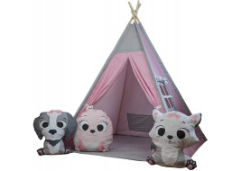 Dětský stan TEEPEE (TÝPÍ) ANIMALS s doplňky - RŮŽOVÁ PARTIČKA - růžový/šedý