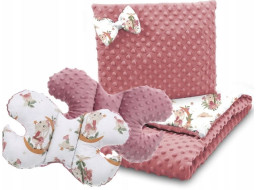 Dětská deka do kočárku s polštářkem a motýlkem - BABYMAM PREMIUM set 3v1 - V říši snů se starorůžovou minky
