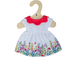 Bigjigs Toys Bílé květinové šaty s červeným límečkem pro panenku 28 cm
