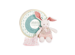 Doudou Dárková sada - Plyšový Ecru králiček s růžovou dečkou z BIO bavlny 22 cm