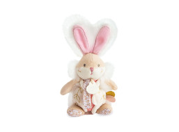 Doudou Hračka zajíček s chrastítkem a úchytem na dudlík 21 cm růžová