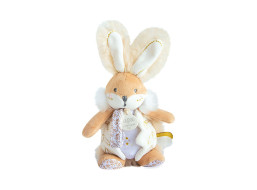 Doudou Hračka zajíček s chrastítkem a úchytem na dudlík 21 cm bílá