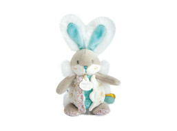 Doudou Hračka zajíček s chrastítkem a úchytem na dudlík 21 cm tyrkysová