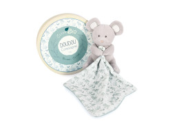 Doudou Dárková sada - Plyšová myška s dečkou z BIO bavlny 15 cm zeleno-bílá