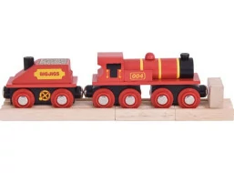 Bigjigs Rail Červená lokomotiva s tendrem + 3 koleje
