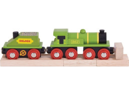 Bigjigs Rail Zelená lokomotiva s tendrem + 3 koleje