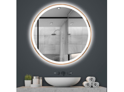 Kulaté zrcadlo COPPER 80 cm s LED podsvícením a měděným okrajem