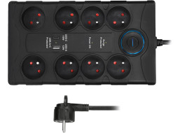 Solight přepěťová ochrana, 8z, USB A+CA, 2m, černá