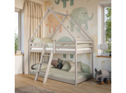 Dětská patrová domečková postel s Montessori lůžkem z masivu borovice SVEN - 180x80 cm - KAŠMÍROVÁ