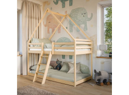 Dětská patrová domečková postel s Montessori lůžkem z masivu borovice SVEN - 180x80 cm - PŘÍRODNÍ