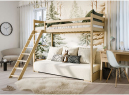 Vyvýšená postel z masivu borovice s rozkládací pohovkou SOFIE - 200x90/140 cm - přírodní/béžová