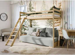 Vyvýšená postel z masivu borovice s rozkládací pohovkou SOFIE - 200x90/140 cm - přírodní/šedá