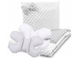 Dětská deka do kočárku s polštářkem a motýlkem - BABYMAM PREMIUM set 3v1 - Bílé tečky na šedé s bílou minky
