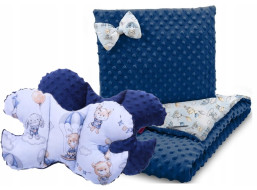 Dětská deka do kočárku s polštářkem a motýlkem - BABYMAM PREMIUM set 3v1 - Procházka v oblacích s tmavě modrou minky