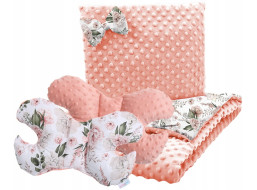 Dětská deka do kočárku s polštářkem a motýlkem - BABYMAM PREMIUM set 3v1 - Romantické květy s meruňkovou minky