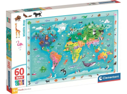 CLEMENTONI Puzzle s hledáním obrázků Mapa světa se zvířátky MAXI 60 dílků