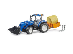 Bruder Traktor New Holland T5.120 s čelním nakladačem, korbou, vidlemi a kulatým balíkem