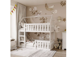 Dětská patrová domečková postel z masivu borovice MINI s Montessori lůžkem - 160x80 cm - bílá