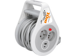 Solight prodlužovací přívod na bubnu 10m, USB A+C, 2 zásuvky, šedý kabel, 3x 1,0mm2