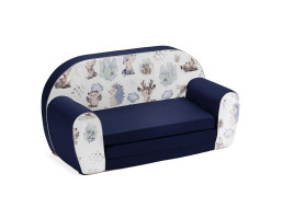 Dětská rozkládací MINI pohovka Vlk a kamarádi - bílá/tmavě modrá