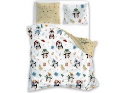 Bavlněné povlečení SCANDIC Tučňáci s dárečky - bílé/béžové - 160x200 cm