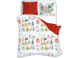 Bavlněné povlečení SCANDIC Zimní vesnička - bílé/červené - 220x200 cm