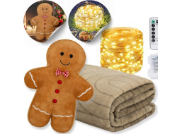 Vánoční sada PERNÍČEK - deka 130x170 cm + tvarovaný polštářek + LED světelný závěs