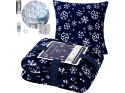 Vánoční sada NIEVE - deka 130x170 cm + povlak na polštář + LED světelný závěs