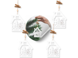 Vánoční dřevěné ozdoby na stromeček Bílý domeček - 4 kusy